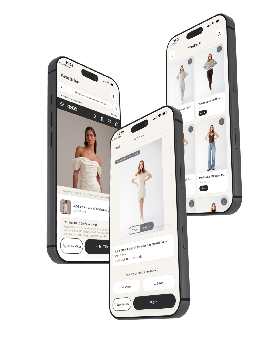 WearBefore app showing store browser and saved try-ons